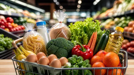 Productos esenciales dentro de un carro, como huevos, vegetales, pasta o pan.