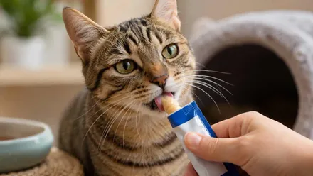 Gato atigrado tomando de un sobre una ración de Churu.
