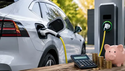 Coche eléctrico enchufado a una estación de repostaje, hay una hucha en forma de cerdito y monedas.