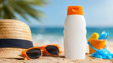 Crema solar junto a gafas de sol y sombrero.
