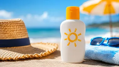 Un bote de crema solar con envase blanco y grabado en forma de sol en amarillo, un sombrero y la playa.