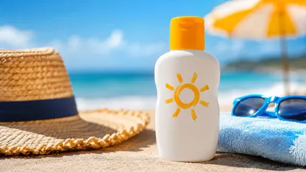 Un bote de crema solar con envase blanco y grabado en forma de sol en amarillo, un sombrero y la playa.
