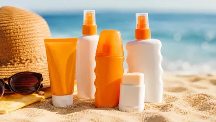 Envases de cremas solares en colores naranja y blanco.