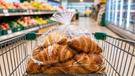 Bolsa con cruasanes del Hacendado por la calle del supermercado.