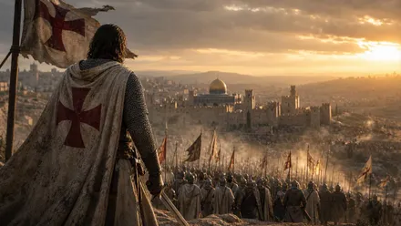 Jerusalén siendo atacada por los Cruzados. Se ve la cúpula dorada.