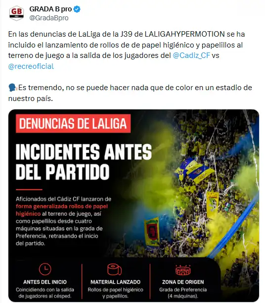 Esperpéntica denuncia de LaLiga al Cádiz CF por la animación antes del partido ante el Dépor