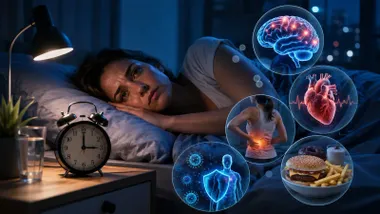 Persona que no se puede dormir y riesgos que tiene para la salud en unos círculos luminosos.