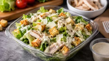Una ensalada César con todos sus ingredientes.