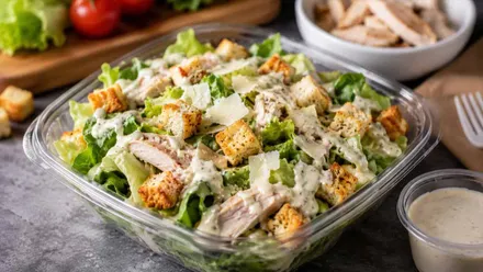 Una ensalada César con todos sus ingredientes.
