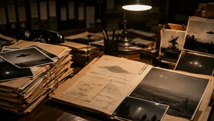 Mesa con muchos archivos OVNI y fotografías.