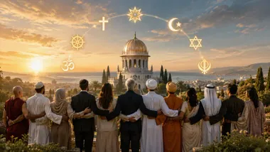 Personas abrazadas en torno al Fe-Bahá’í que aúna varias religiones.