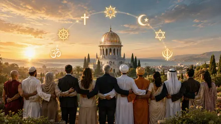 Personas abrazadas en torno al Fe-Bahá’í que aúna varias religiones.