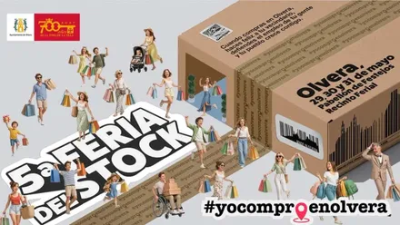 Cartel de la Feria del Stock de Olvera, representa una caja de cartón con gente alrededor.