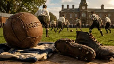 Chicos jugando al fútbol, un balón de cuero marrón en primer plano.