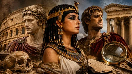 Imagen que aúna a los emperadores Calígula, Nerón y a la reina Cleopatra.