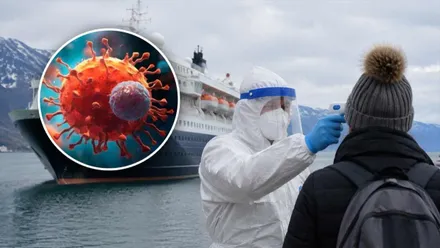 Médico haciendo una medición de temperatura a una persona del MV Hondius, también se resalta un hantavirus.