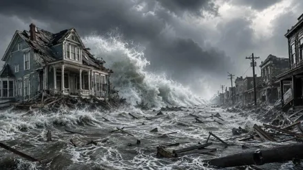 Olas muy grandes arrasando casas de Galvestown.