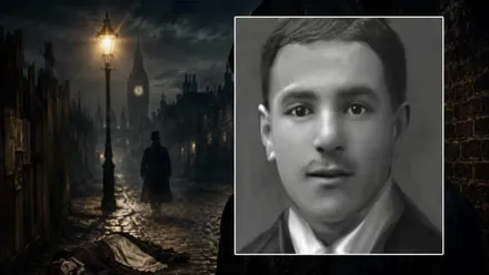 Calle de Londres por la noche y la imagen del posible Jack "el Destripador" en blanco y negro.