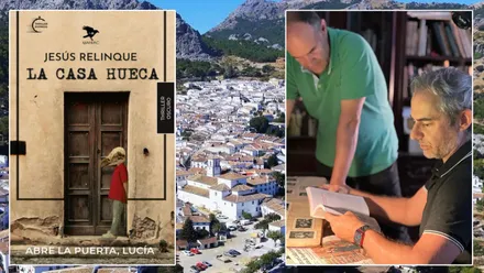 El autor, Jesús Relinque, mirando su obra; portada del libro y, de fondo, Grazalema y su paisaje.