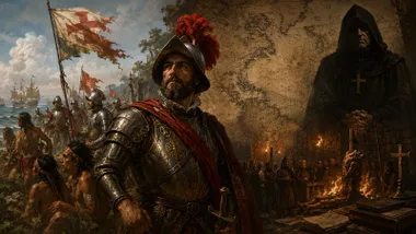 Un soldado español de la Conquista de América junto a tropas y planos; la silueta de un inquisidor.