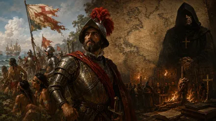 Un soldado español de la Conquista de América junto a tropas y planos; la silueta de un inquisidor.