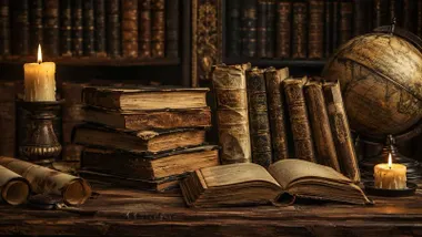 Libros muy antiguos apilados y una de ellos abierto.