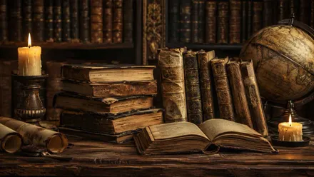 Libros muy antiguos apilados y una de ellos abierto.