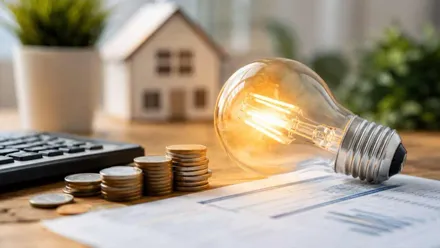 Bombilla sobre facturas y dinero.