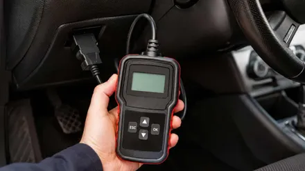 Persona sosteniendo un aparato de autodiagnóstico de un automóvil.