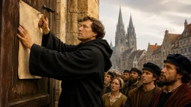 Martín Lutero, Martillo en mano, clavando sus tesis en la puerta de la catedral alemana de la ciudad de Colonia.