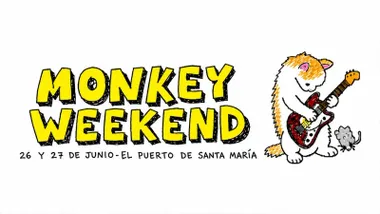 Cartel del Monkey Weekend en El Puerto, destaca el dibujo de un gato naranja y blanco tocando la guitarra.