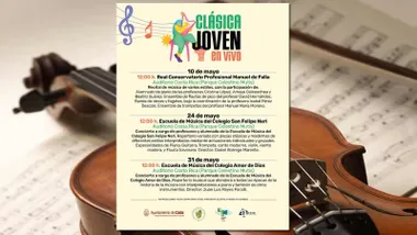 Cartel del "Clásica Joven en Vivo", tras este un violín y partitura.
