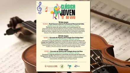 Cartel del "Clásica Joven en Vivo", tras este un violín y partitura.