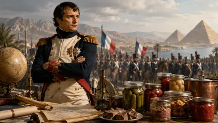 Napoleón, tras el sus tropas y las pirámides de Egipto junto con tarros de conservas.
