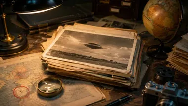 Mesa con papeles en el que se puede ver una fotografía de un presunto OVNI o nube lenticular.