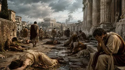 Personas en el suelo, muertas, en una ciudad romana aquejada de peste.