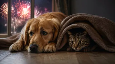 Perro y gato asustados mientras en una ventana se ven cohetes.