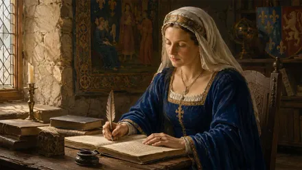 Pizan escribiendo con papel y pluma, viste un vestido azul medieval.