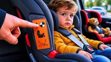 Dedo señalando la etiqueta naranja de una sillita infantil.