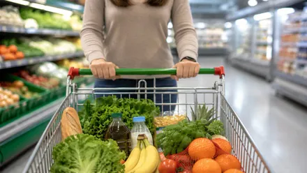 Mujer empuja un carro con productos frescos del supermercado.