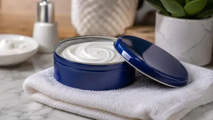 Lata azul típica de Nivea con su crema blanca.