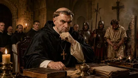 Torquemada escribiendo en posición pensativa.
