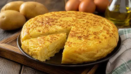Una tortilla de patatas y una cuña cortada.