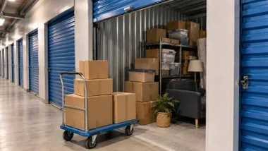 Un trastero con puerta azul y cajas de cartón en su interior.