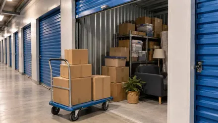 Un trastero con puerta azul y cajas de cartón en su interior.