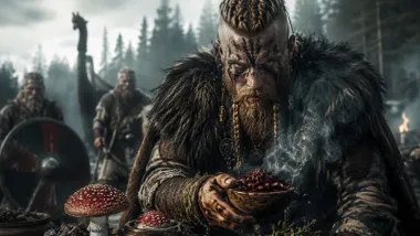 Vikingo con pintura de guerra y cuenco con setas alucinógenas.