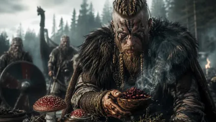 Vikingo con pintura de guerra y cuenco con setas alucinógenas.