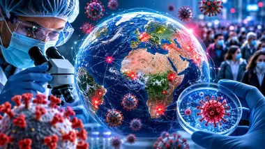 Persona mirando virus y la Tierra rodeada de los mismos.