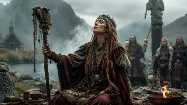 Una mujer con ropas vikingas en un ambiente frío, la observan dos guerreros vikingos.