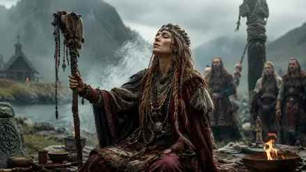 Una mujer con ropas vikingas en un ambiente frío, la observan dos guerreros vikingos.